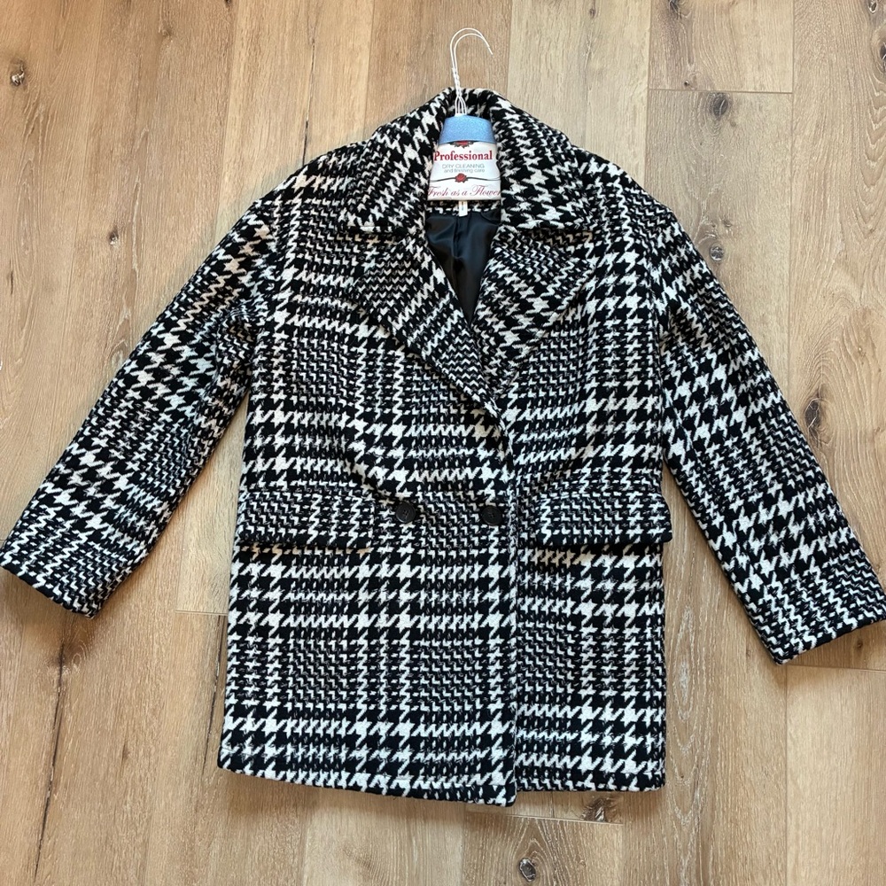 Avec Les Filles Houndstooth Plaid Oversize Wool Blend Coat XS Black and White